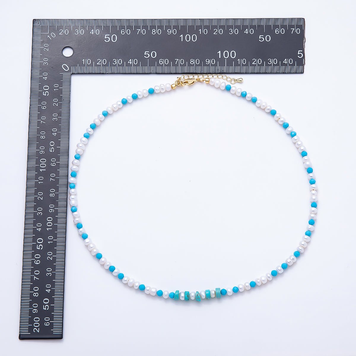 16K Gold Filled 5.5mm Blue Turquoise Shell Pearl Button Gemstone Chain 18 Inch Necklace | WA-00325 - DLUXCA