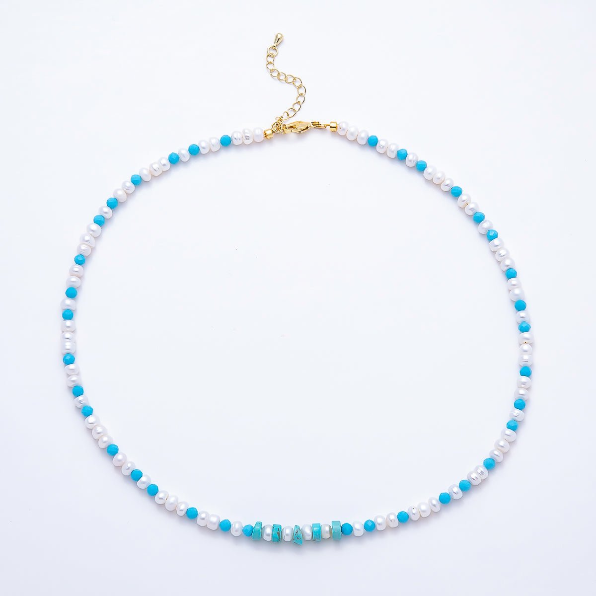 16K Gold Filled 5.5mm Blue Turquoise Shell Pearl Button Gemstone Chain 18 Inch Necklace | WA-00325 - DLUXCA
