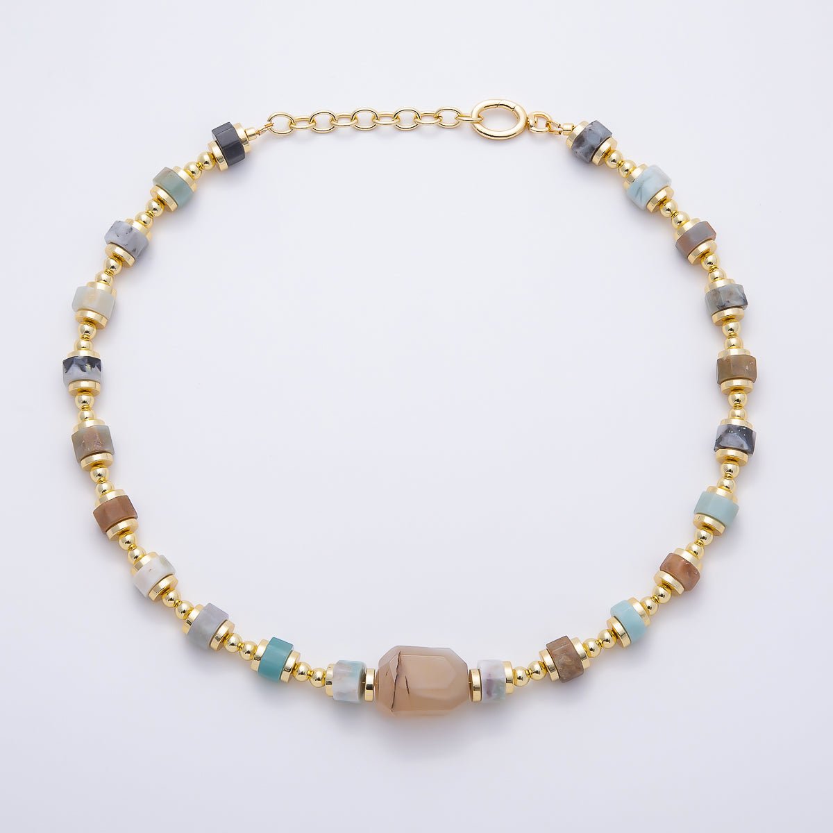 16K Gold Filled 5mm Amazonite Tube Bead Gemstone Chain 17.5 Inch w. Push Gate Extender | WA-00050 - DLUXCA