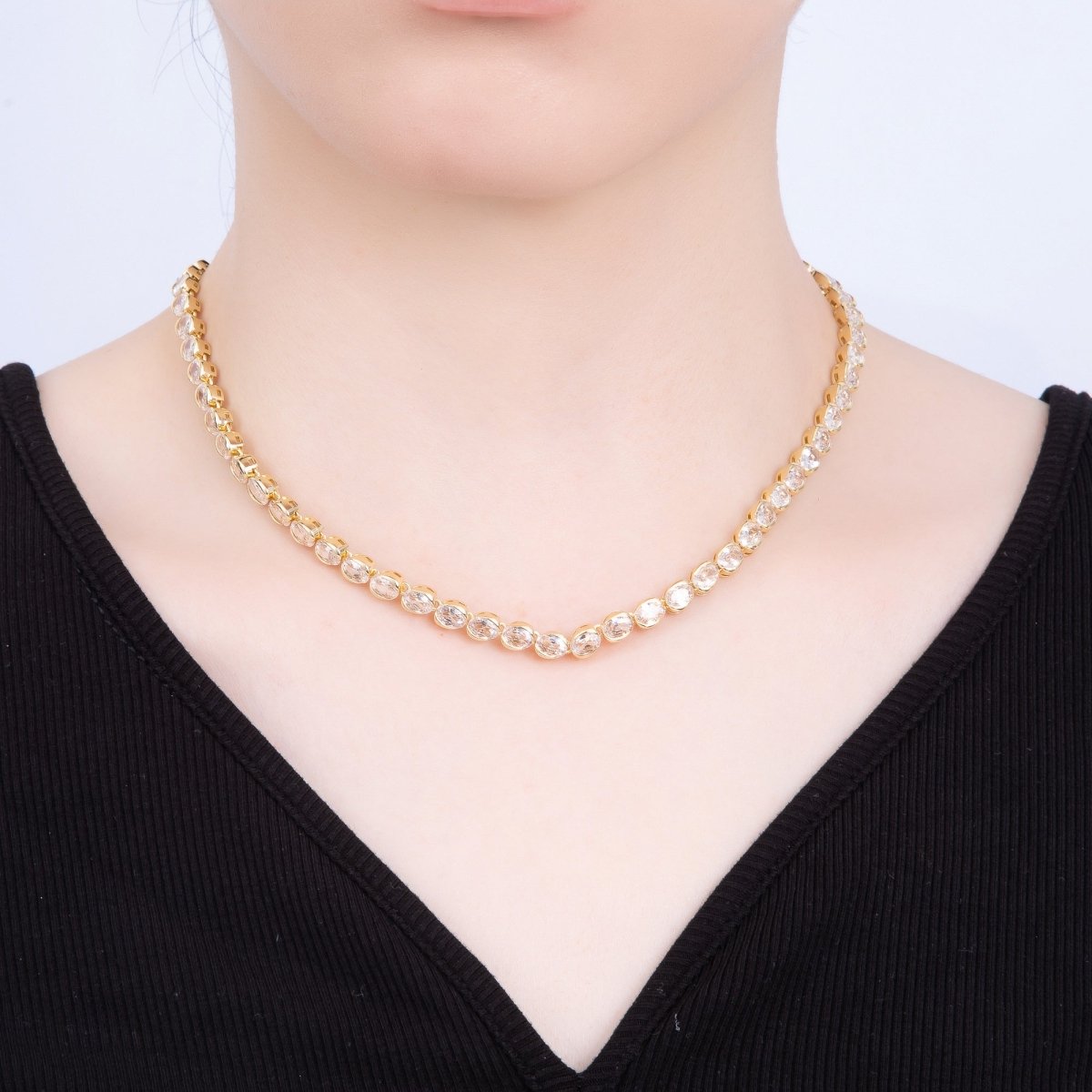 16K Gold Filled 5mm Clear CZ Oval Bezel Tennis Chain 17 Inch Necklace | WA - 04242 - DLUXCA