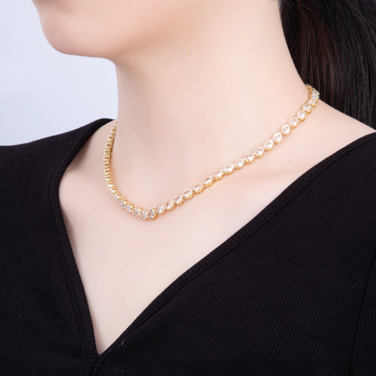 16K Gold Filled 5mm Clear CZ Oval Bezel Tennis Chain 17 Inch Necklace | WA - 04242 - DLUXCA