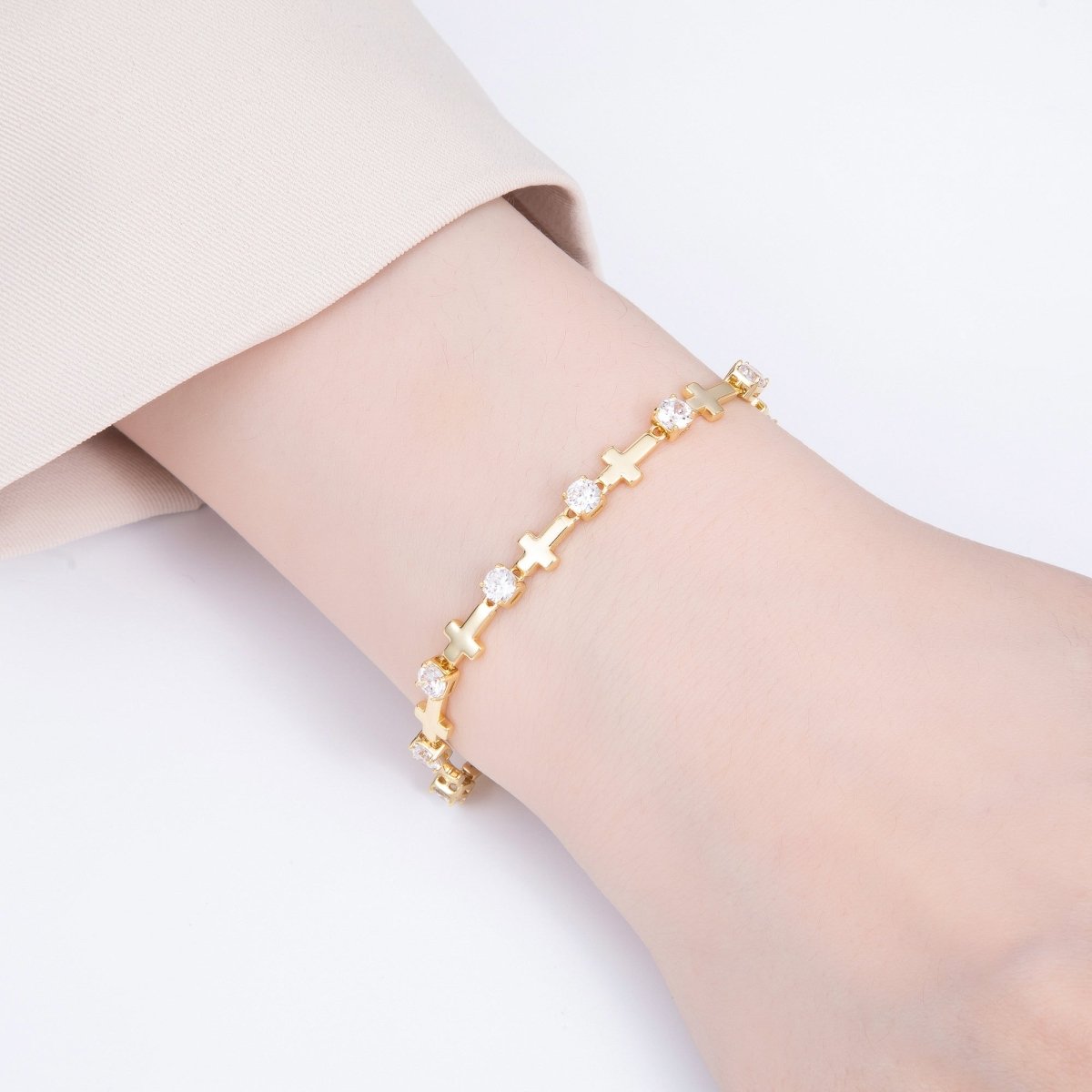 16K Gold Filled 5mm Clear CZ Religious Cross 7 Inch Bracelet w. Extender | WA - 04047 - DLUXCA