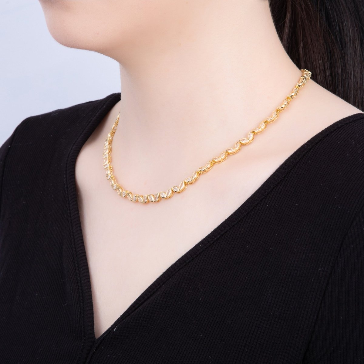 16K Gold Filled 5mm Clear Marquise CZ Tennis Chain 17 Inch Adjustable Necklace | WA - 04245 - DLUXCA