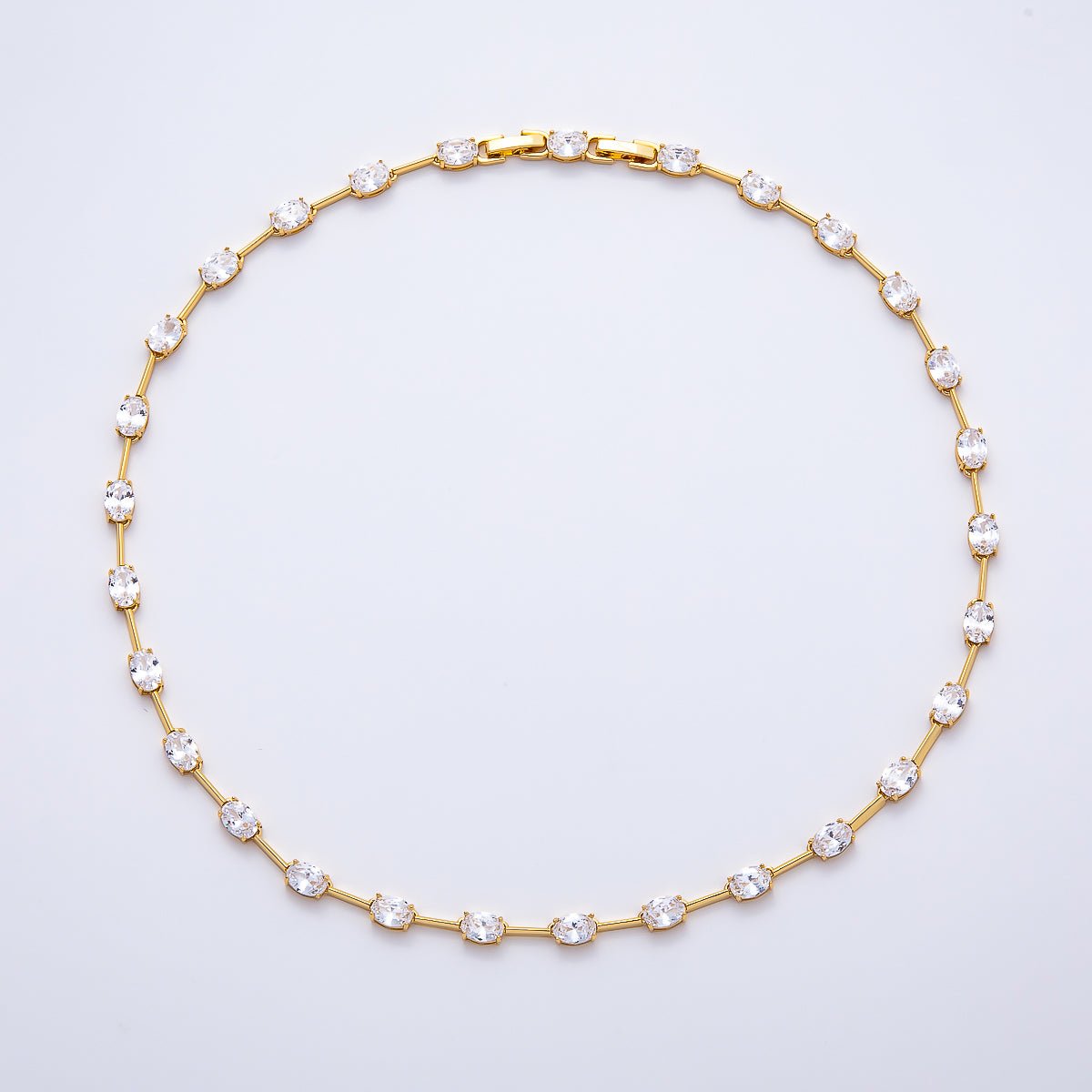 16K Gold Filled 5mm Clear Oval CZ Bar Gemstone Chain 17 Inch Adjustable Necklace | WA-04720 - DLUXCA
