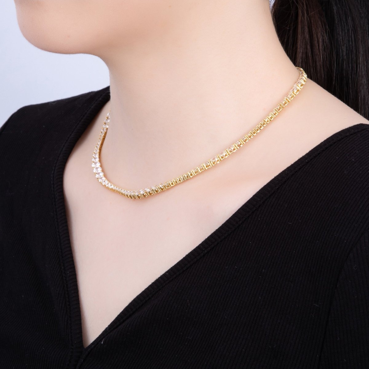 16K Gold Filled 5mm Clear Round CZ Graduated Tennis Chain 16.5 Inch Necklace | WA - 04249 - DLUXCA