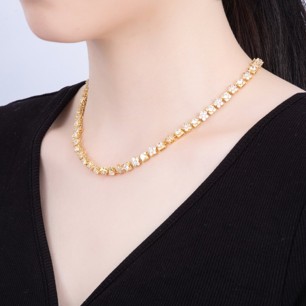 16K Gold Filled 5mm Micro Paved CZ Flower Square Tennis Chain 17 Inch Adjustable Necklace | WA - 04246 - DLUXCA