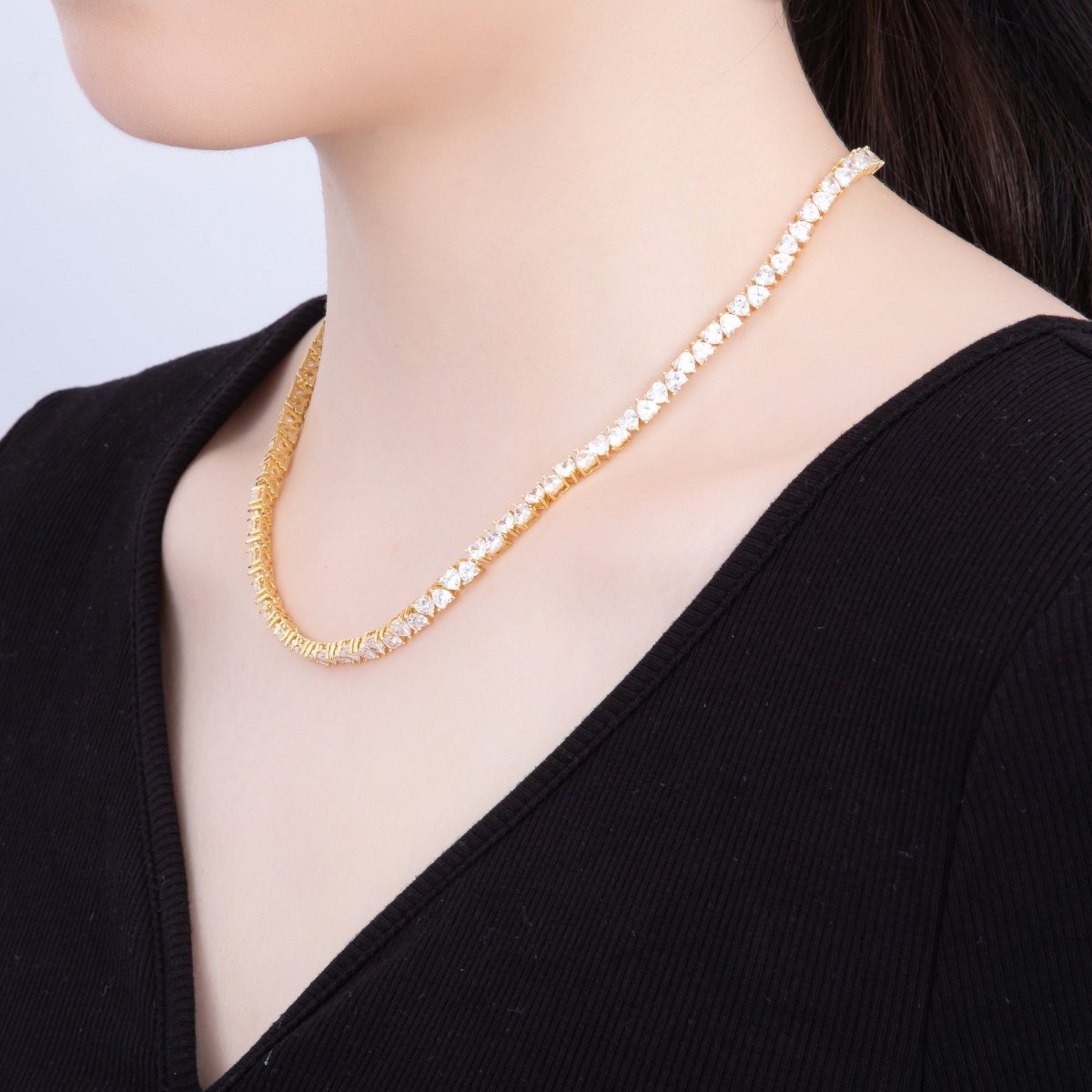 16K Gold Filled 5mm Mini Heart CZ Tennis Chain 17 Inch Adjustable Necklace | WA - 04240 - DLUXCA