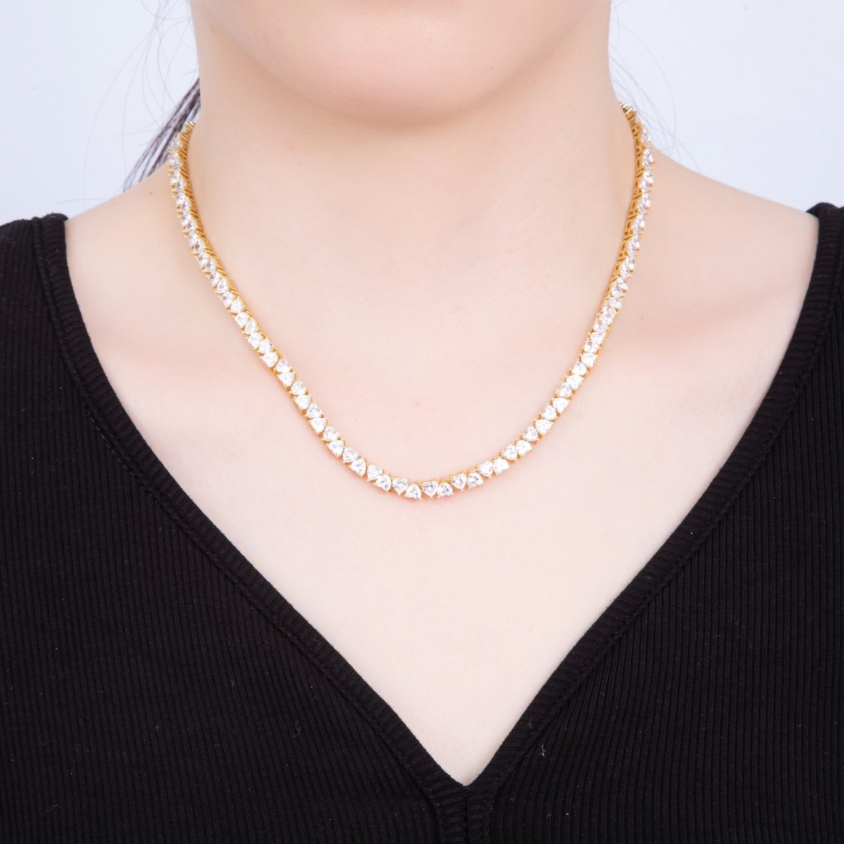 16K Gold Filled 5mm Mini Heart CZ Tennis Chain 17 Inch Adjustable Necklace | WA - 04240 - DLUXCA