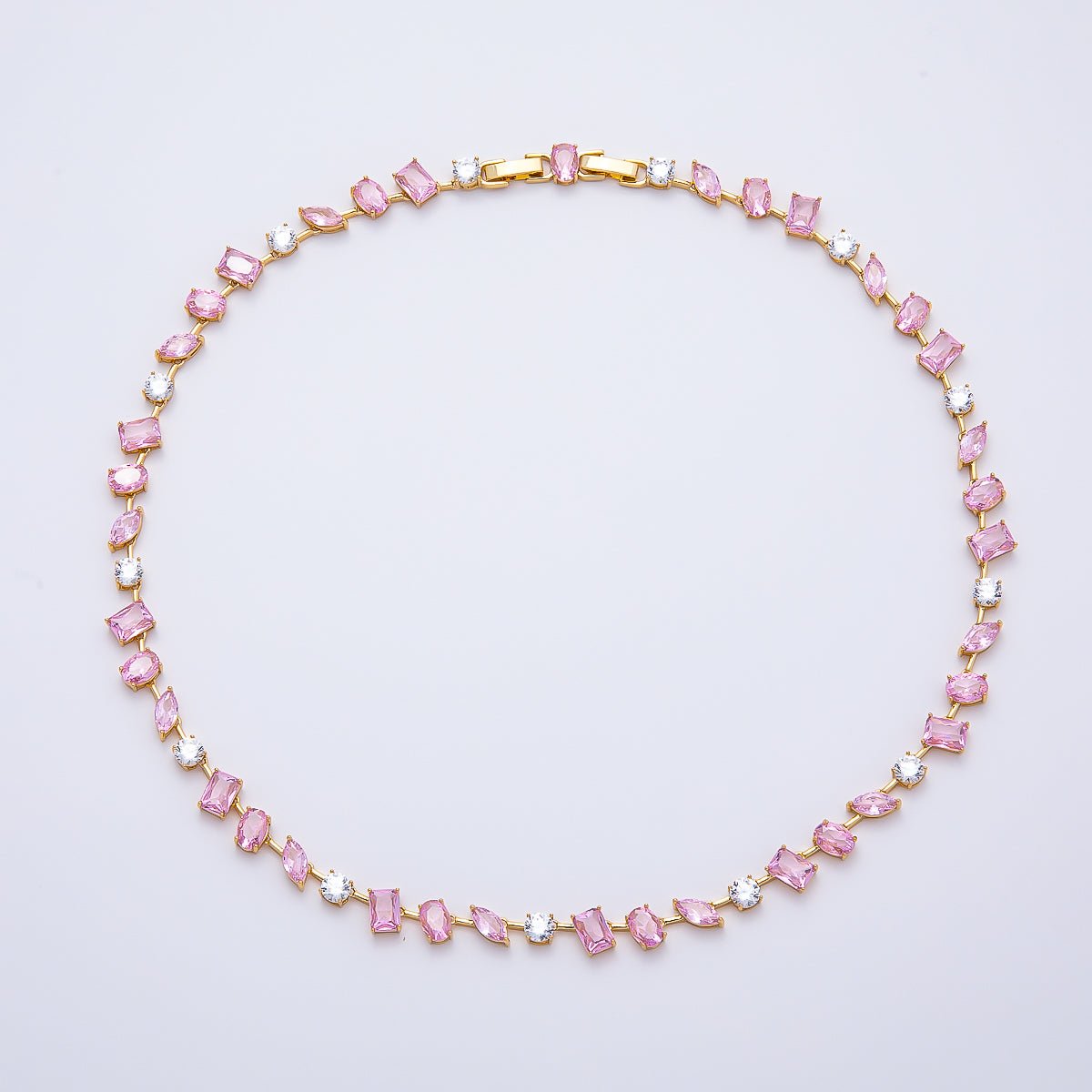 16K Gold Filled 5mm Pink Baguette Clear Multi-Cut CZ Tennis Chain 17 Inch Adjustable Necklace | WA-04686 - DLUXCA