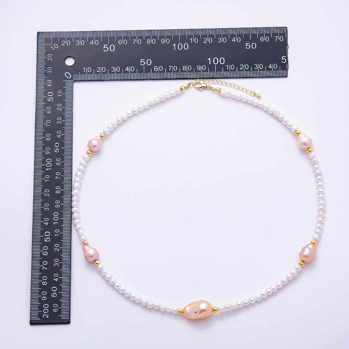 16K Gold Filled 5mm Pink Baroque White Ringed Button Freshwater Pearl Gemstone Chain 20 Inch Necklace | WA-01639 - DLUXCA