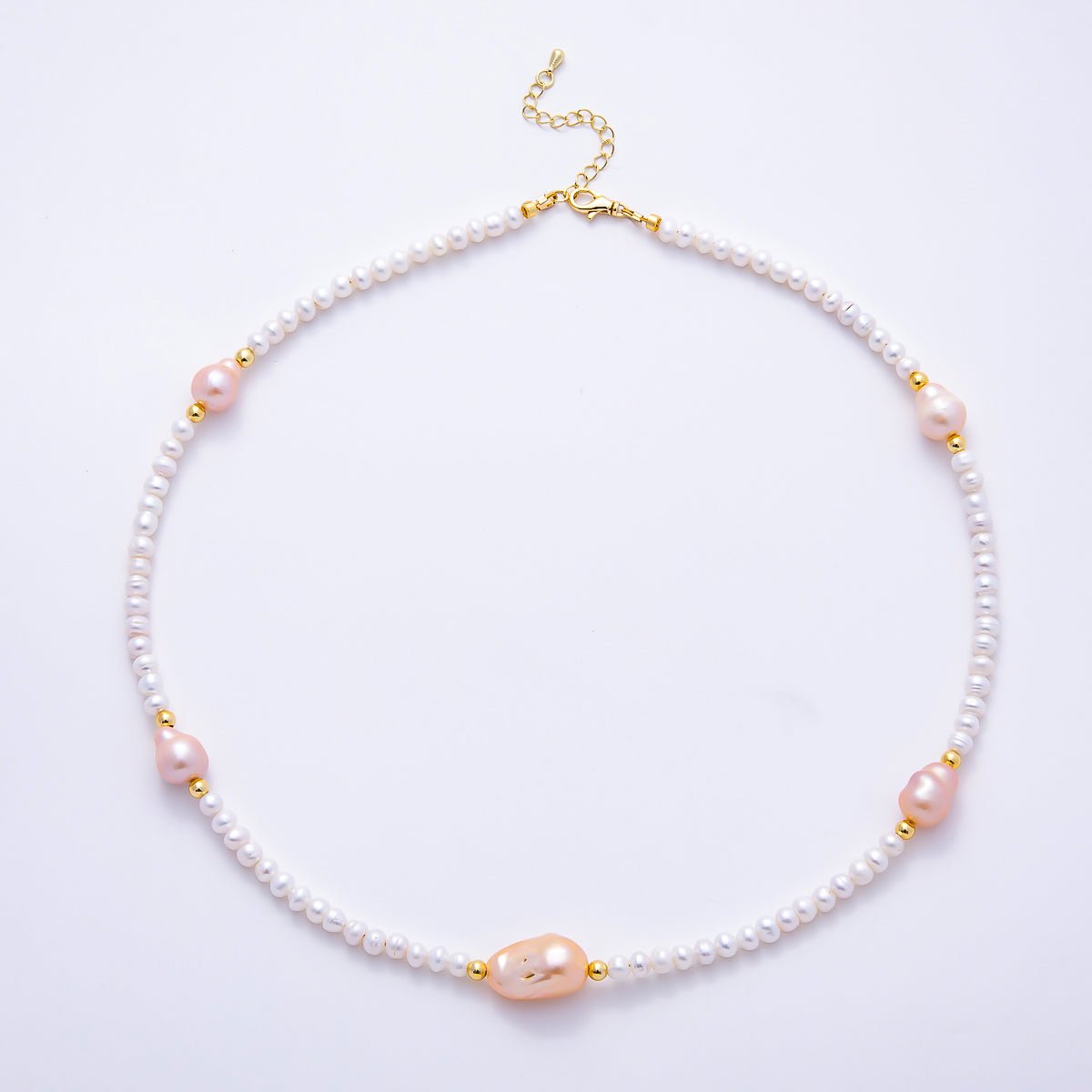 16K Gold Filled 5mm Pink Baroque White Ringed Button Freshwater Pearl Gemstone Chain 20 Inch Necklace | WA-01639 - DLUXCA