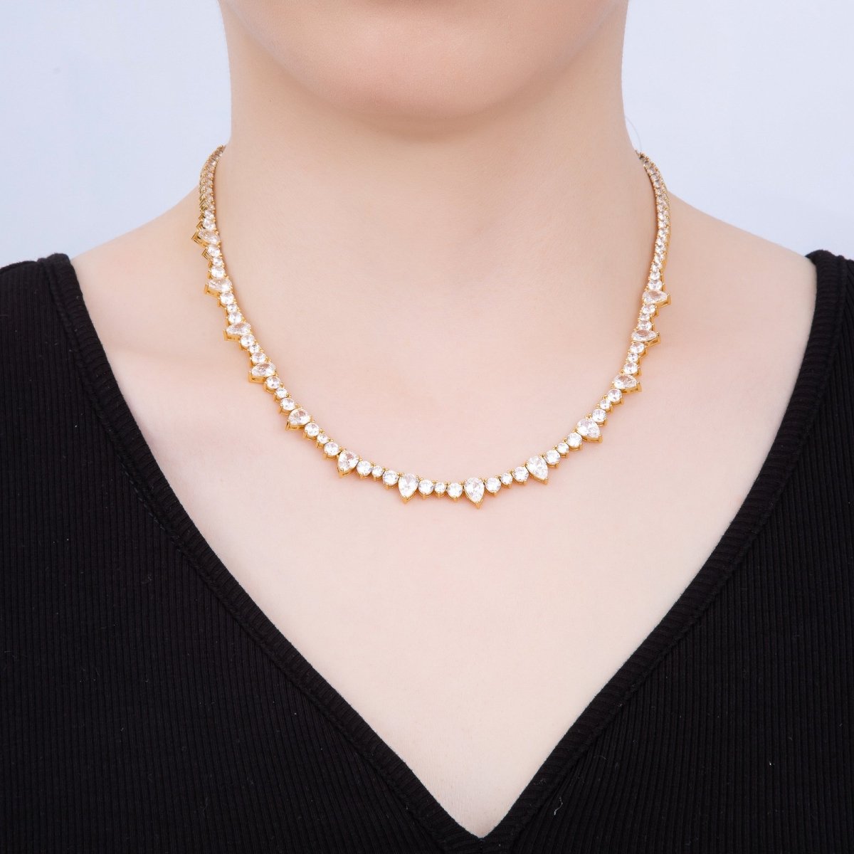 16K Gold Filled 5mm Teardrop CZ Round Tennis Chain 17 Inch Adjustable Necklace | WA - 04344 - DLUXCA