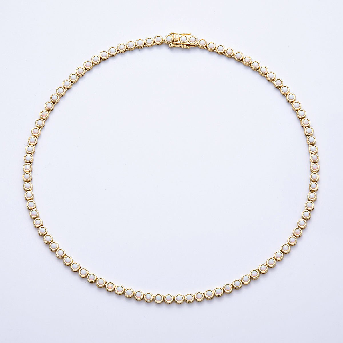 16K Gold Filled 5mm White Opal Round Bezel Tennis Chain 17 Inch Necklace | WA - 04211 - DLUXCA