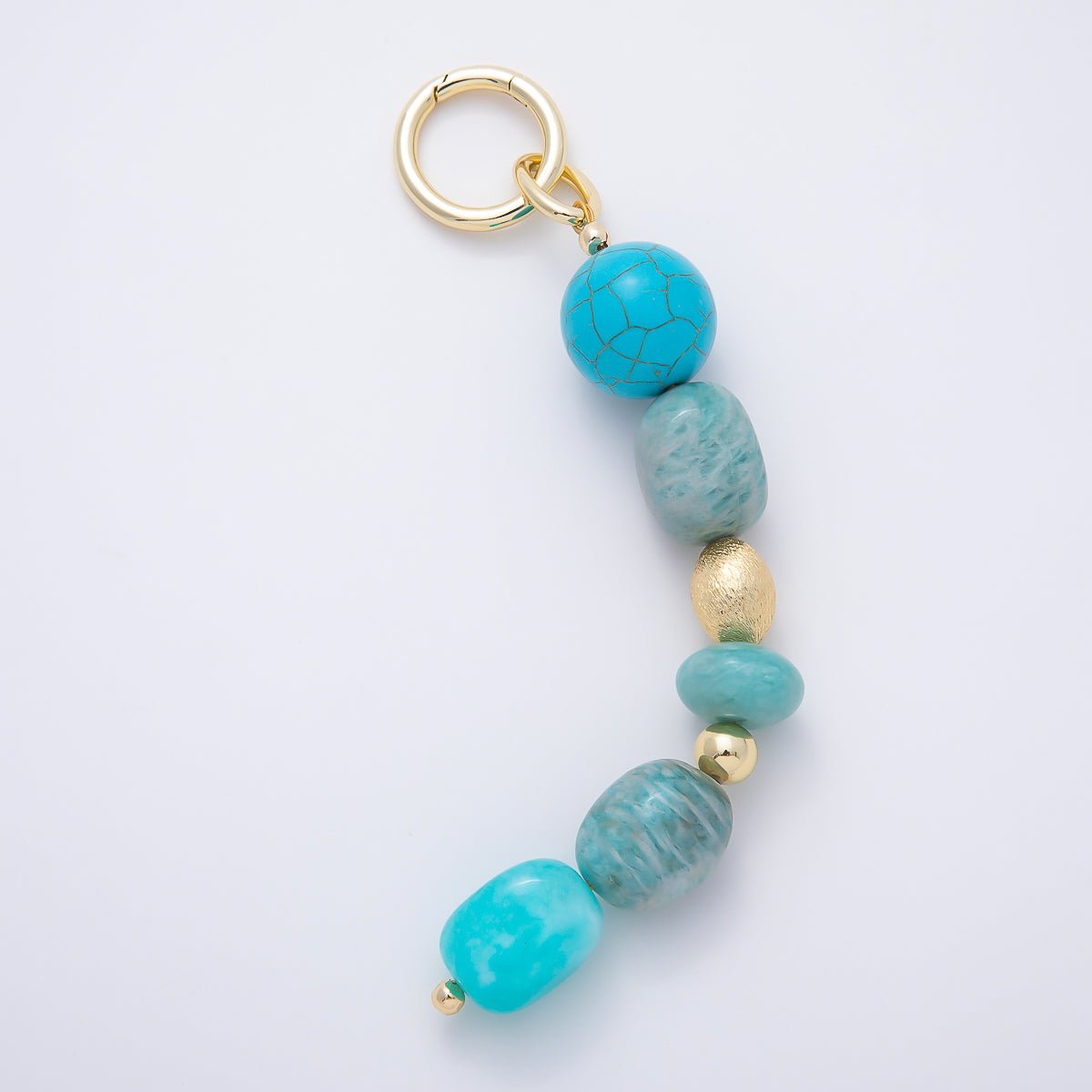 16K Gold Filled 6 Inch Blue Amazonite Turquoise Textured Bead Gemstone Bag Charm Keychain Push Gate | WB-00371 - DLUXCA