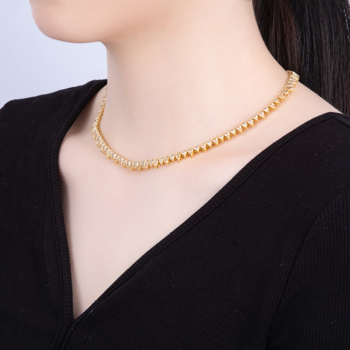 16K Gold Filled 6mm Clear CZ Teardrop Tennis Chain 16 Inch Adjustable Necklace | WA - 04243 - DLUXCA