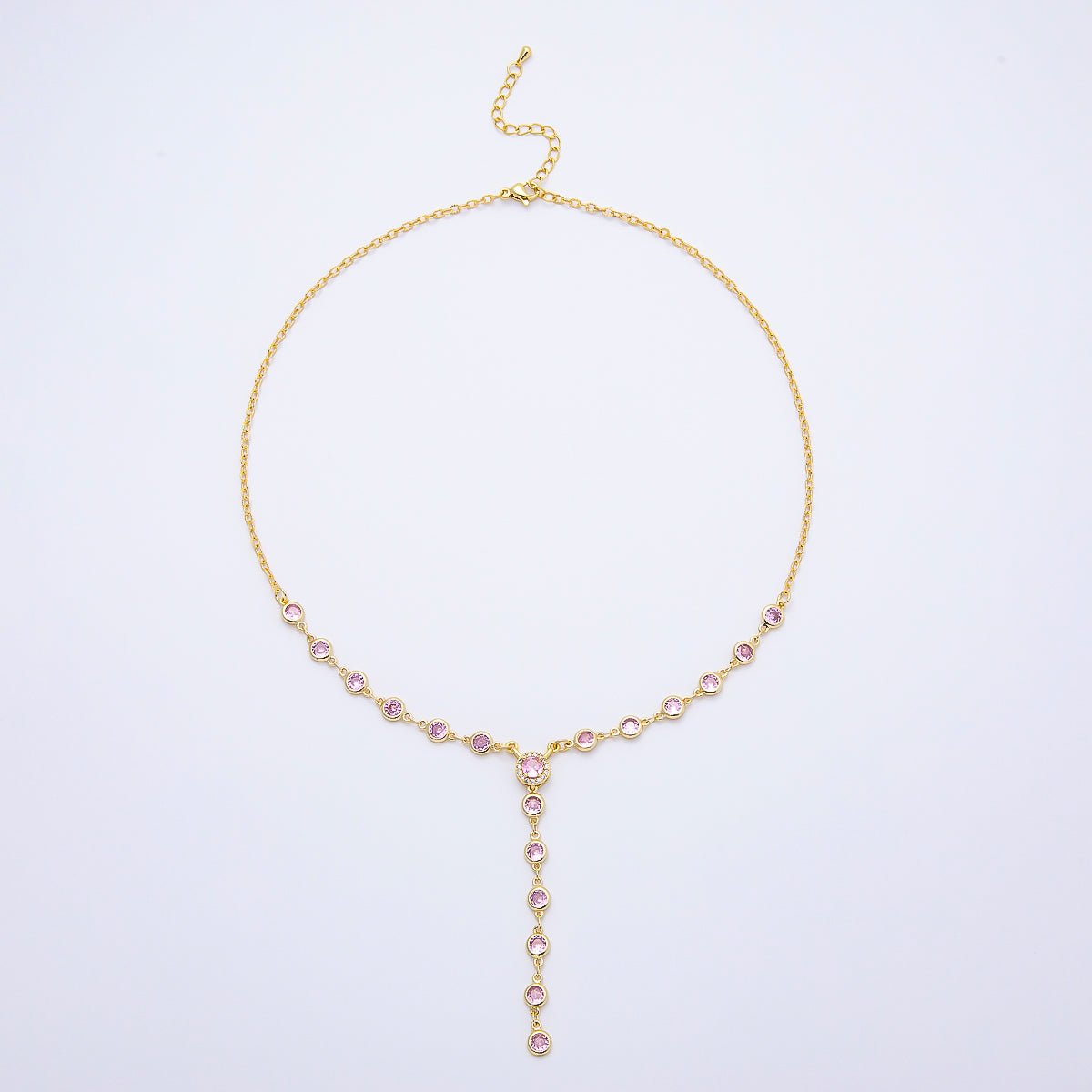 16K Gold Filled 6mm Pink Round Bezel Micro Paved CZ Lariat Cable Chain 17 Inch Necklace | WA-04722 - DLUXCA