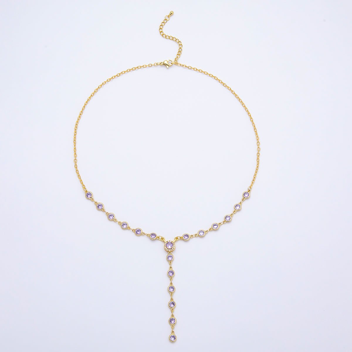 16K Gold Filled 6mm Purple Round Bezel Micro Paved CZ Lariat Cable Chain 17 Inch Necklace | WA-04724 - DLUXCA