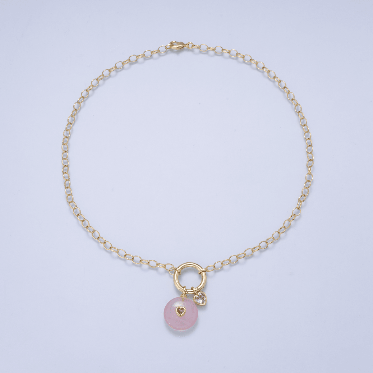 16K Gold Filled 6mm Push Gate Charm Connector Holder Ring Rolo Chain 18 Inch Necklace - DLUXCA