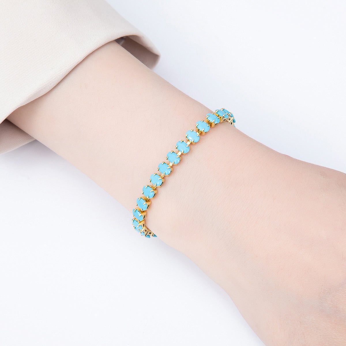 16K Gold Filled 6mm Turquoise Oval Gemstone Box Chain Adjustable Bolo Slide Bracelet in Gold & Silver | WA-02445 WA-02510 - DLUXCA