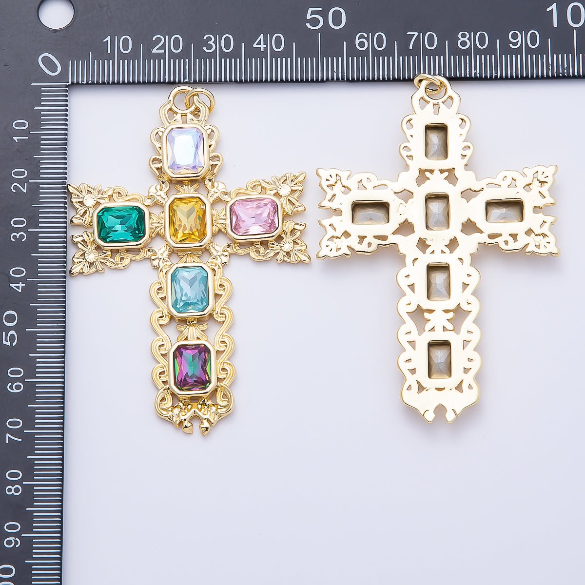 16K Gold Filled 70mm Multicolor Baguette Artisan Cross Charm in Gold & Silver | Charms-01199 Charms-01200 - DLUXCA