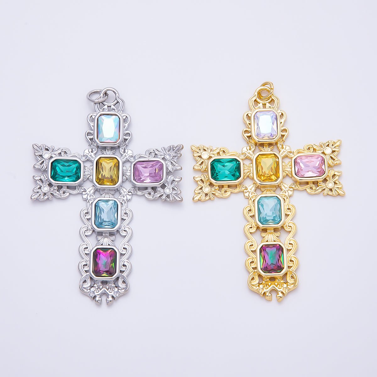 16K Gold Filled 70mm Multicolor Baguette Artisan Cross Charm in Gold & Silver | Charms-01199 Charms-01200 - DLUXCA