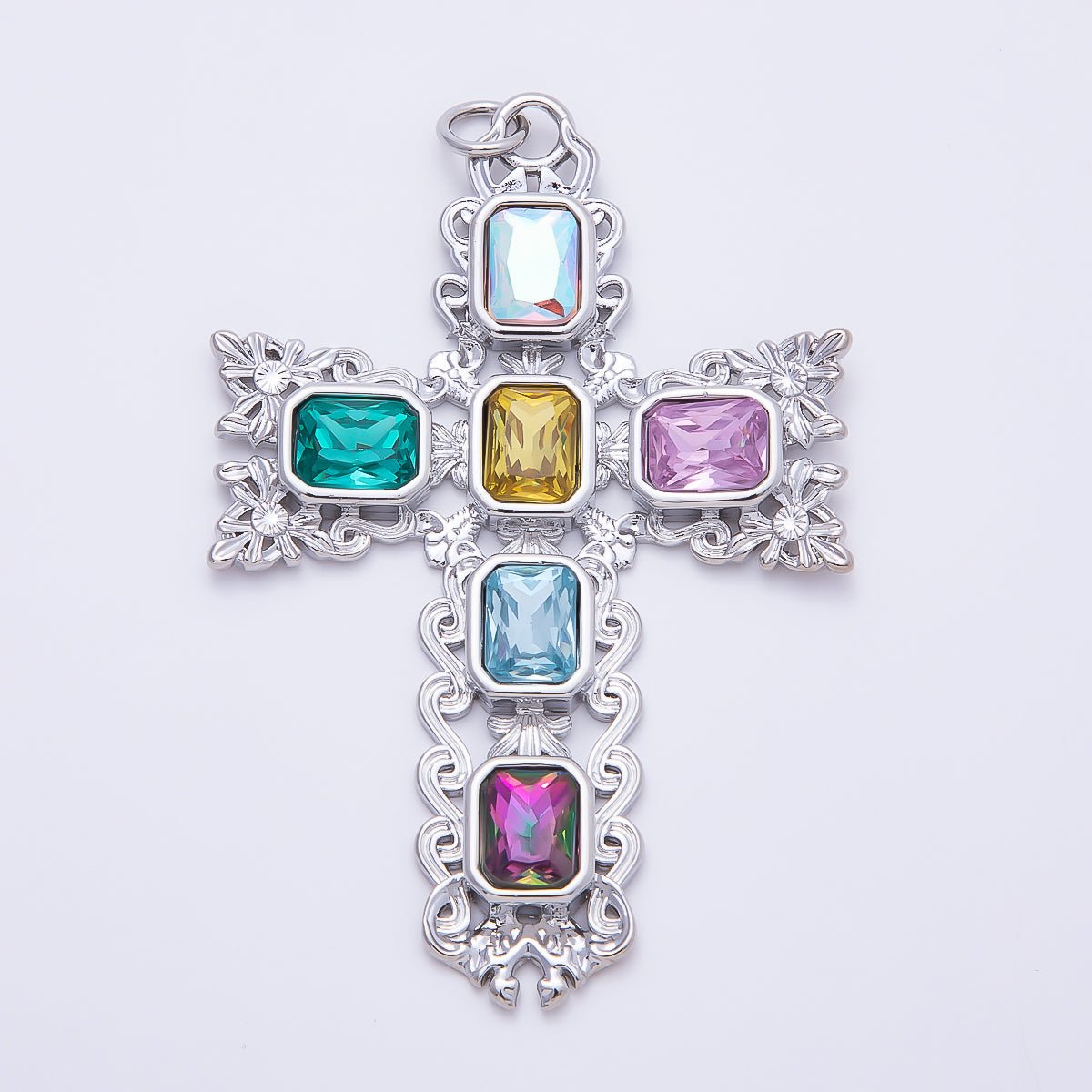 16K Gold Filled 70mm Multicolor Baguette Artisan Cross Charm in Gold & Silver | Charms-01199 Charms-01200 - DLUXCA