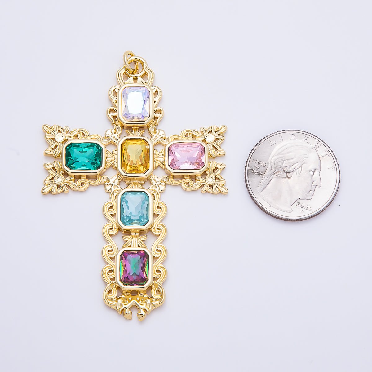16K Gold Filled 70mm Multicolor Baguette Artisan Cross Charm in Gold & Silver | Charms-01199 Charms-01200 - DLUXCA