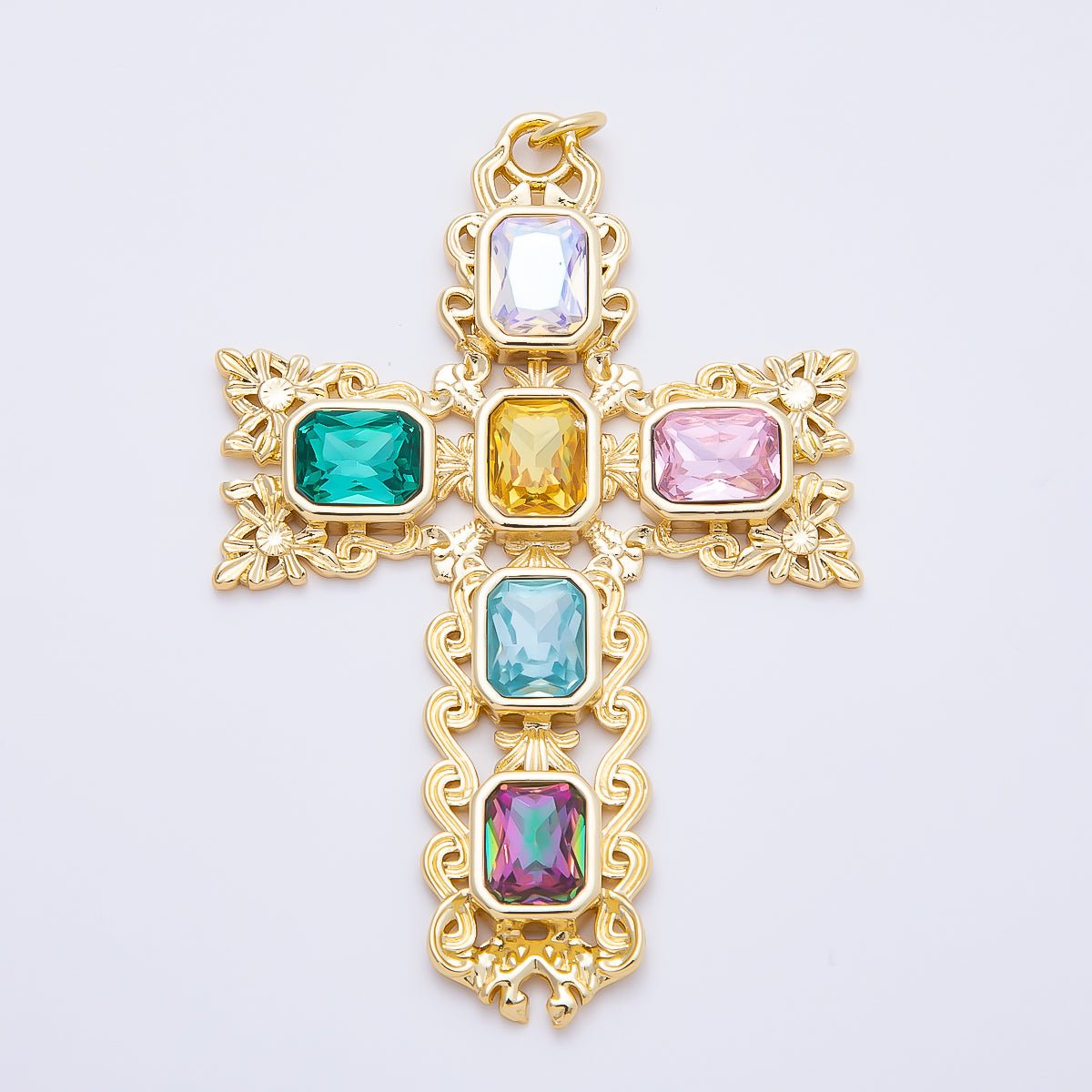 16K Gold Filled 70mm Multicolor Baguette Artisan Cross Charm in Gold & Silver | Charms-01199 Charms-01200 - DLUXCA