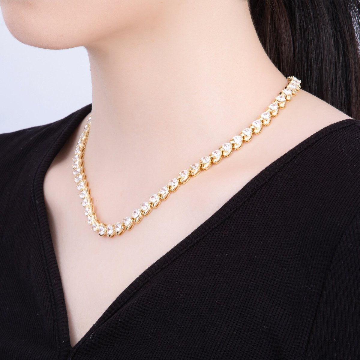 16K Gold Filled 7.4mm Clear CZ Sideways Heart Bezel Tennis Chain 17 Inch Necklace | WA - 04239 - DLUXCA
