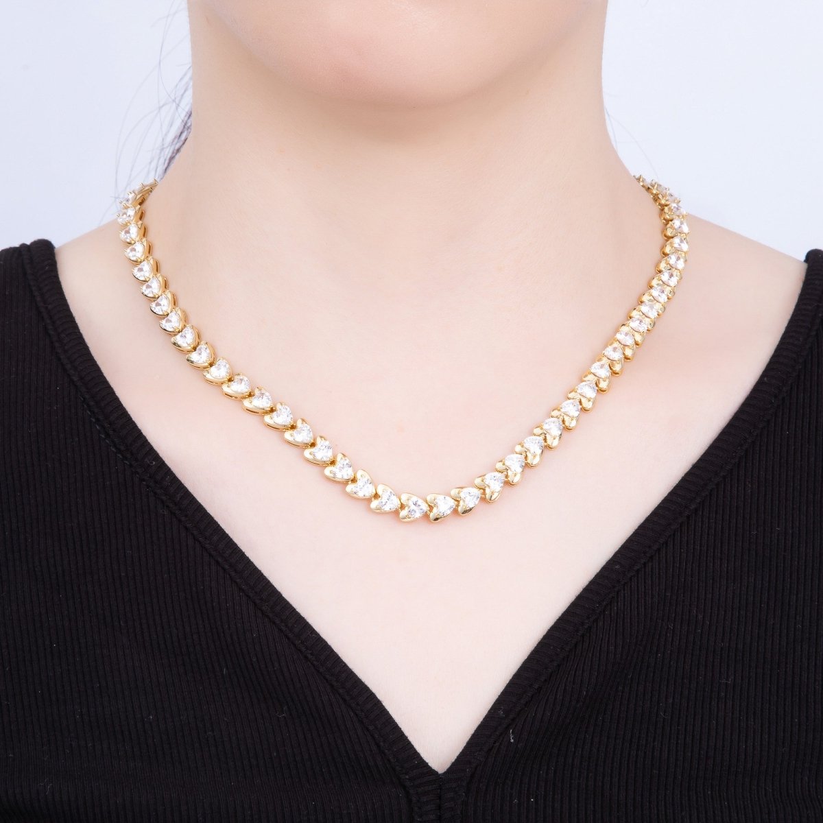 16K Gold Filled 7.4mm Clear CZ Sideways Heart Bezel Tennis Chain 17 Inch Necklace | WA - 04239 - DLUXCA