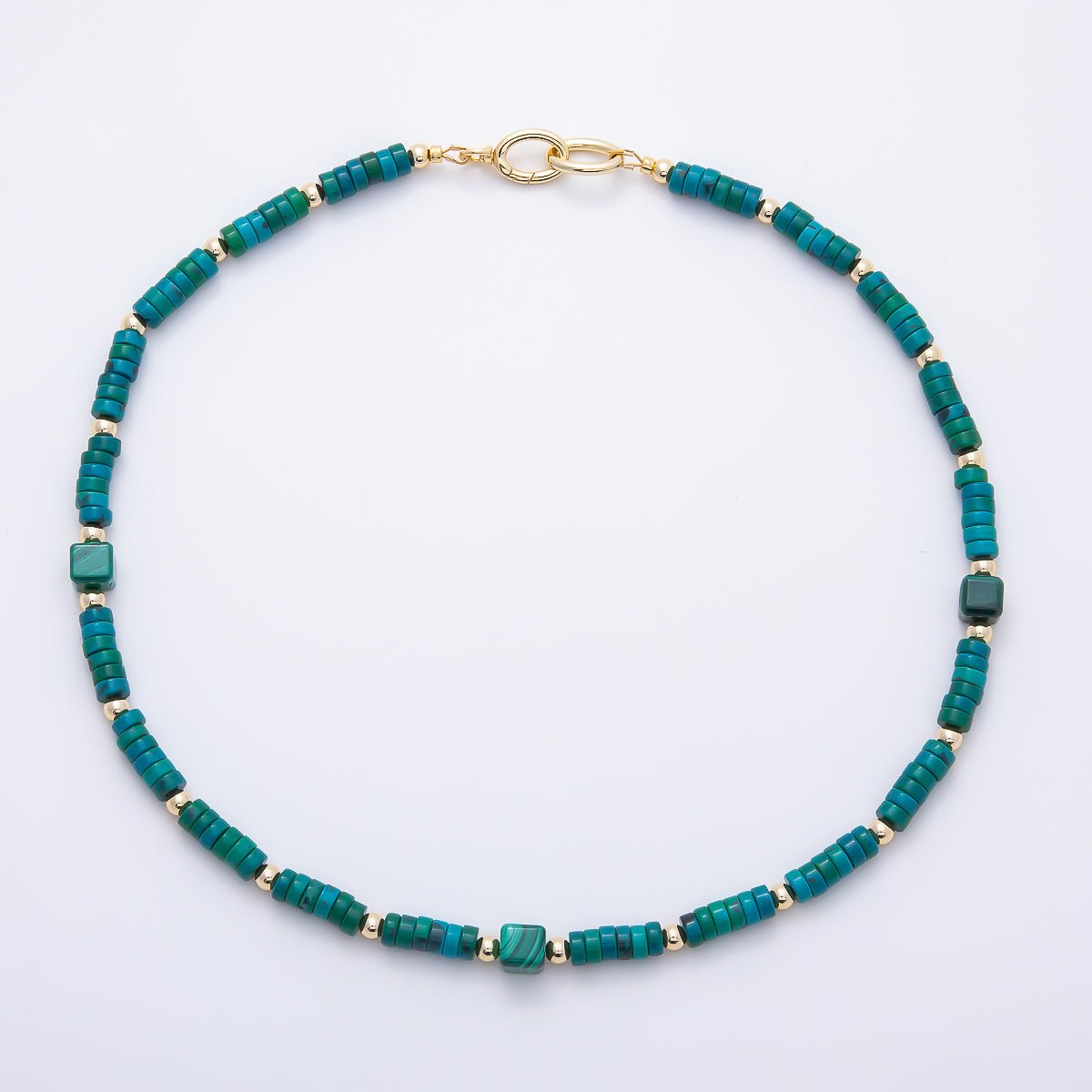 16K Gold Filled 7mm Green Malachite Tube Rondelle Gemstone Chain 20.5 Inch Necklace w. Dual Push Gate Charm Holder | WA-01960 - DLUXCA