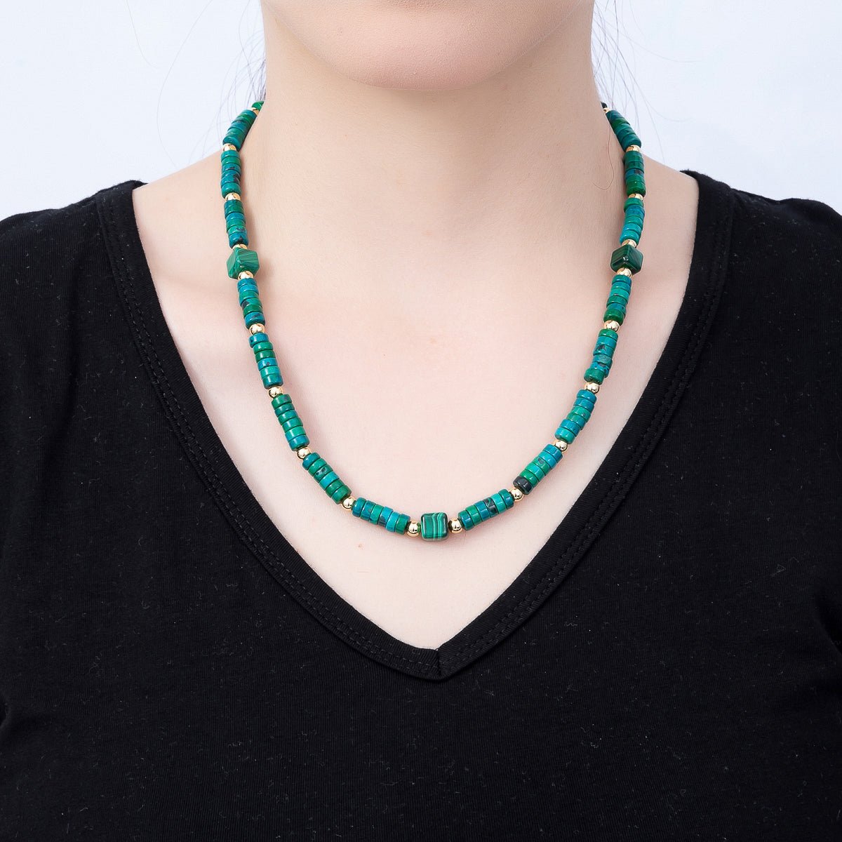 16K Gold Filled 7mm Green Malachite Tube Rondelle Gemstone Chain 20.5 Inch Necklace w. Dual Push Gate Charm Holder | WA-01960 - DLUXCA