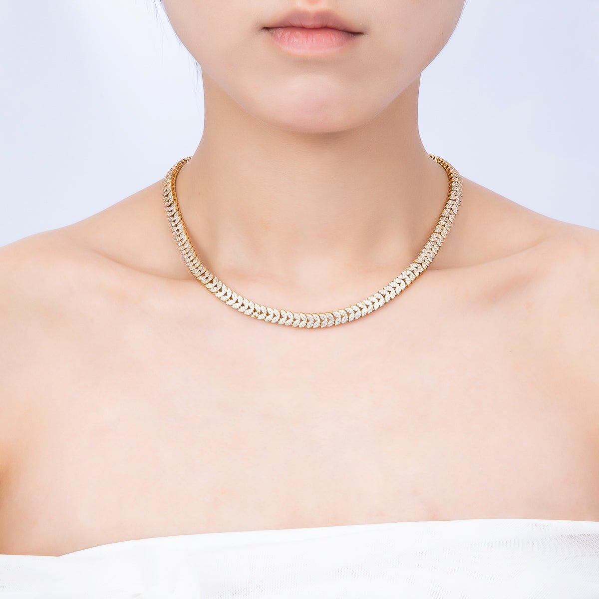 16K Gold Filled 7mm Micro Paved CZ Heart Curb Chain 17 Inch Adjustable Necklace | WA-04758 - DLUXCA