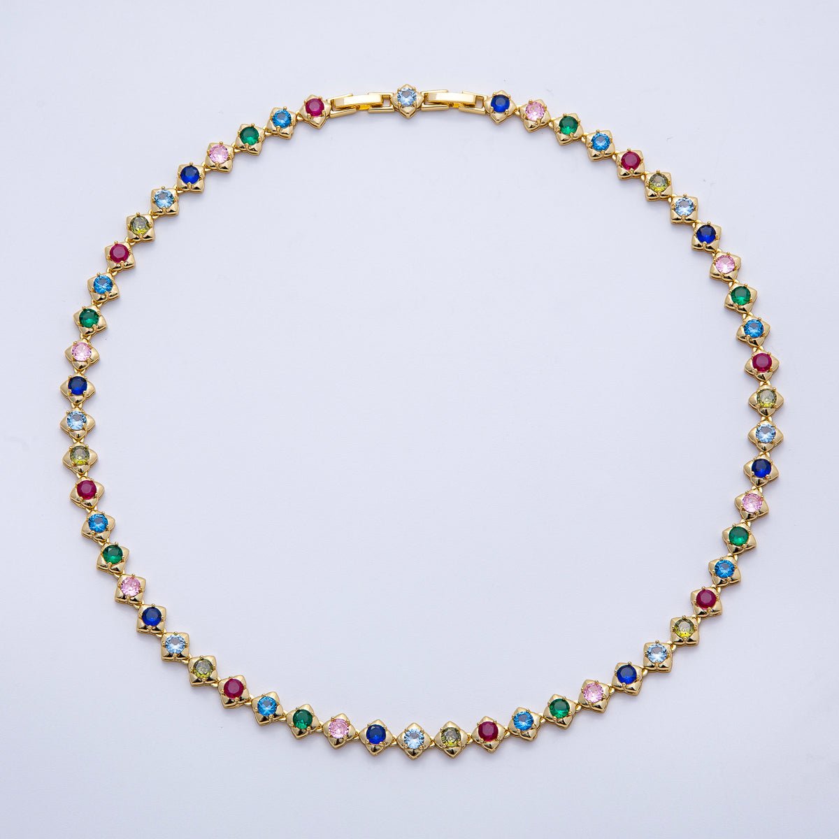 16K Gold Filled 7mm Multicolor CZ Round Rhombus Tennis Chain 17 Inch Adjustable Necklace | WA - 04247 - DLUXCA
