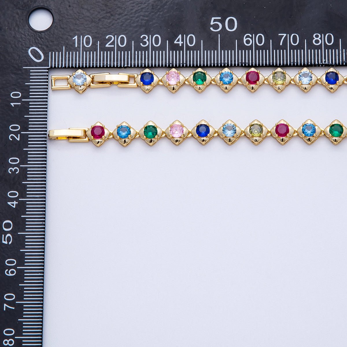 16K Gold Filled 7mm Multicolor CZ Round Rhombus Tennis Chain 17 Inch Adjustable Necklace | WA - 04247 - DLUXCA