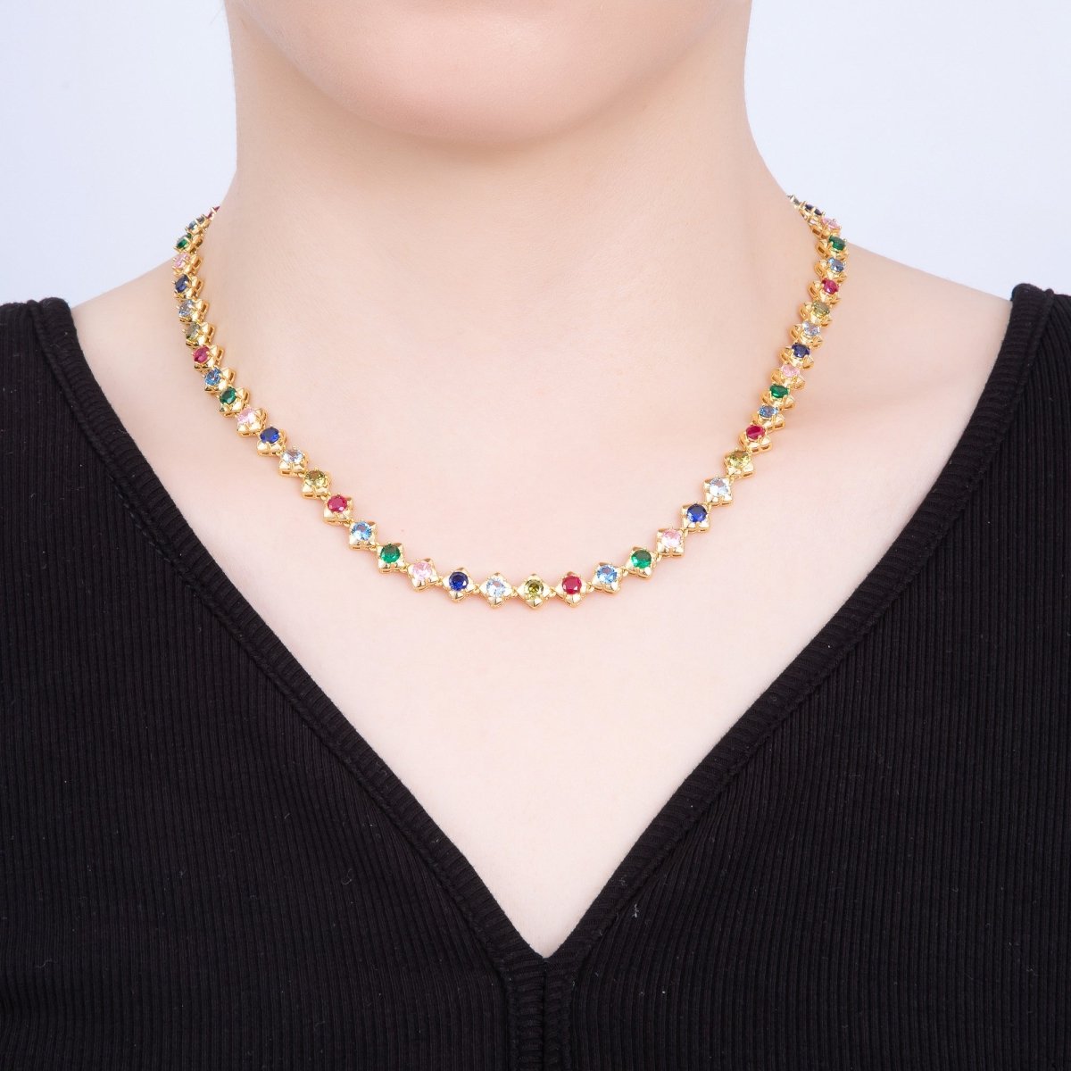 16K Gold Filled 7mm Multicolor CZ Round Rhombus Tennis Chain 17 Inch Adjustable Necklace | WA - 04247 - DLUXCA