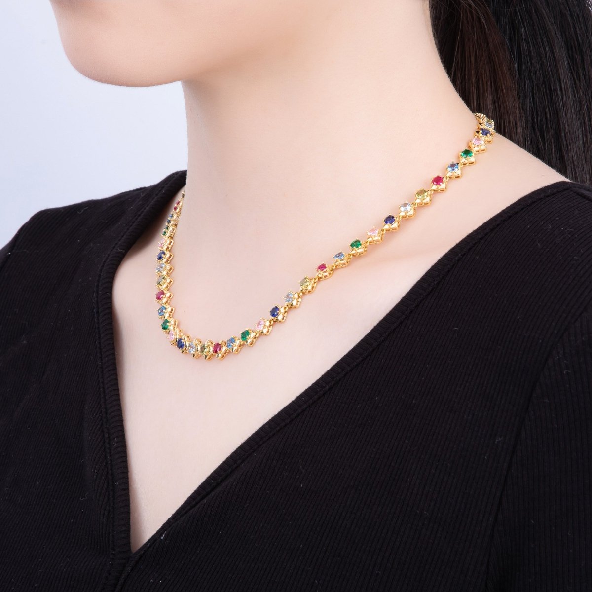 16K Gold Filled 7mm Multicolor CZ Round Rhombus Tennis Chain 17 Inch Adjustable Necklace | WA - 04247 - DLUXCA
