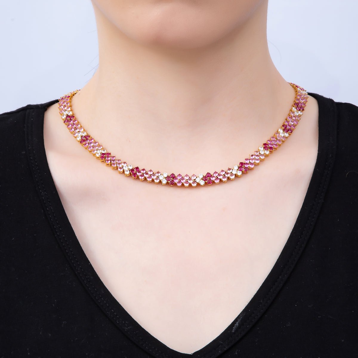 16K Gold Filled 8.7mm Pink Clear Gradient Motif Panther Tennis Chain 17 Inch Adjustable Necklace | WA-04681 - DLUXCA