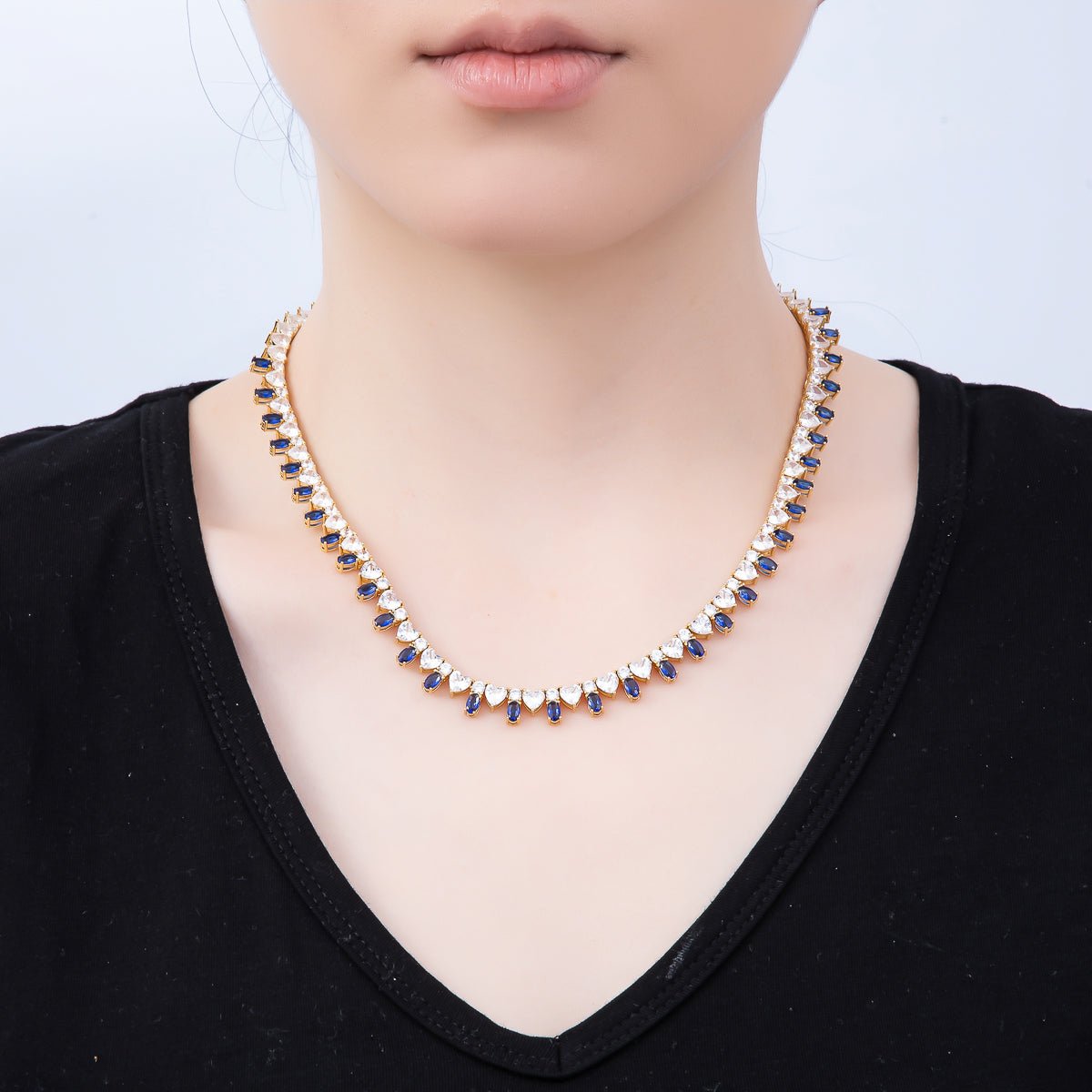 16K Gold Filled 8mm Blue Clear Oval Heart Tennis Chain 17 Inch Adjustable Necklace | WA - 04547 - DLUXCA