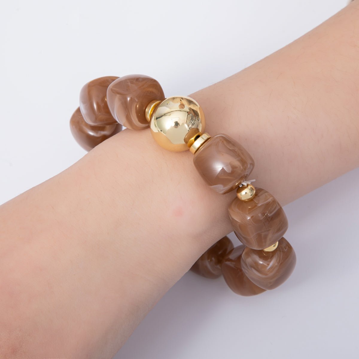 16K Gold Filled 8mm Brown, Green Marble Resin Bead Geometric Stretch Bracelet | WA - 4147 WA - 4148 - DLUXCA