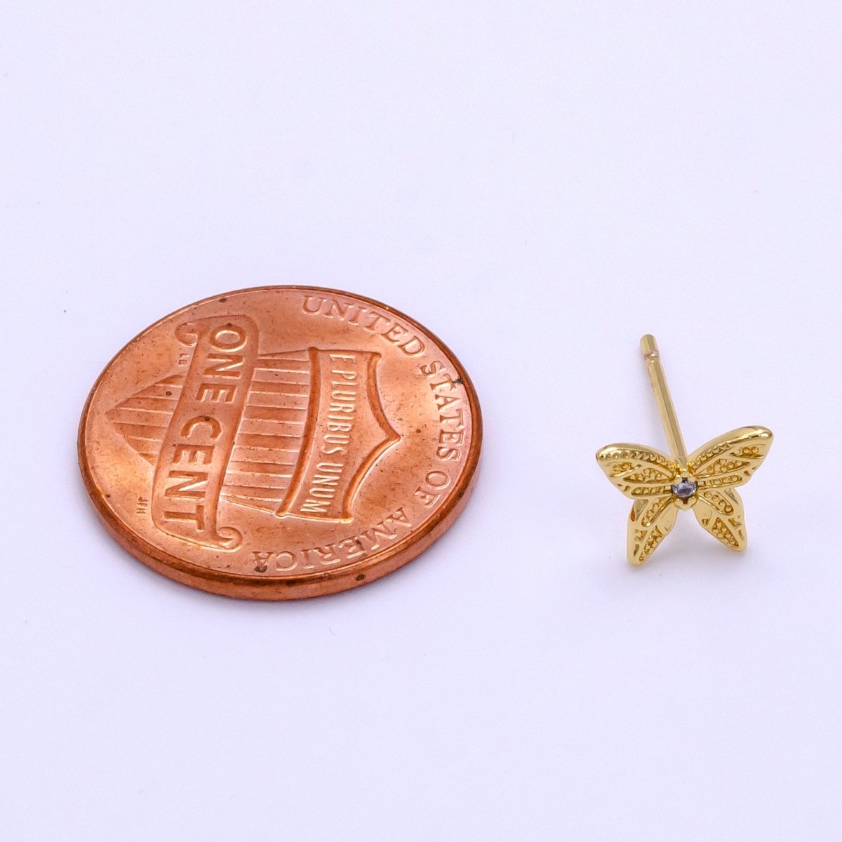 16K Gold Filled 8mm Clear CZ Textured Butterfly Mini Stud Earrings | Clearance - DLUXCA