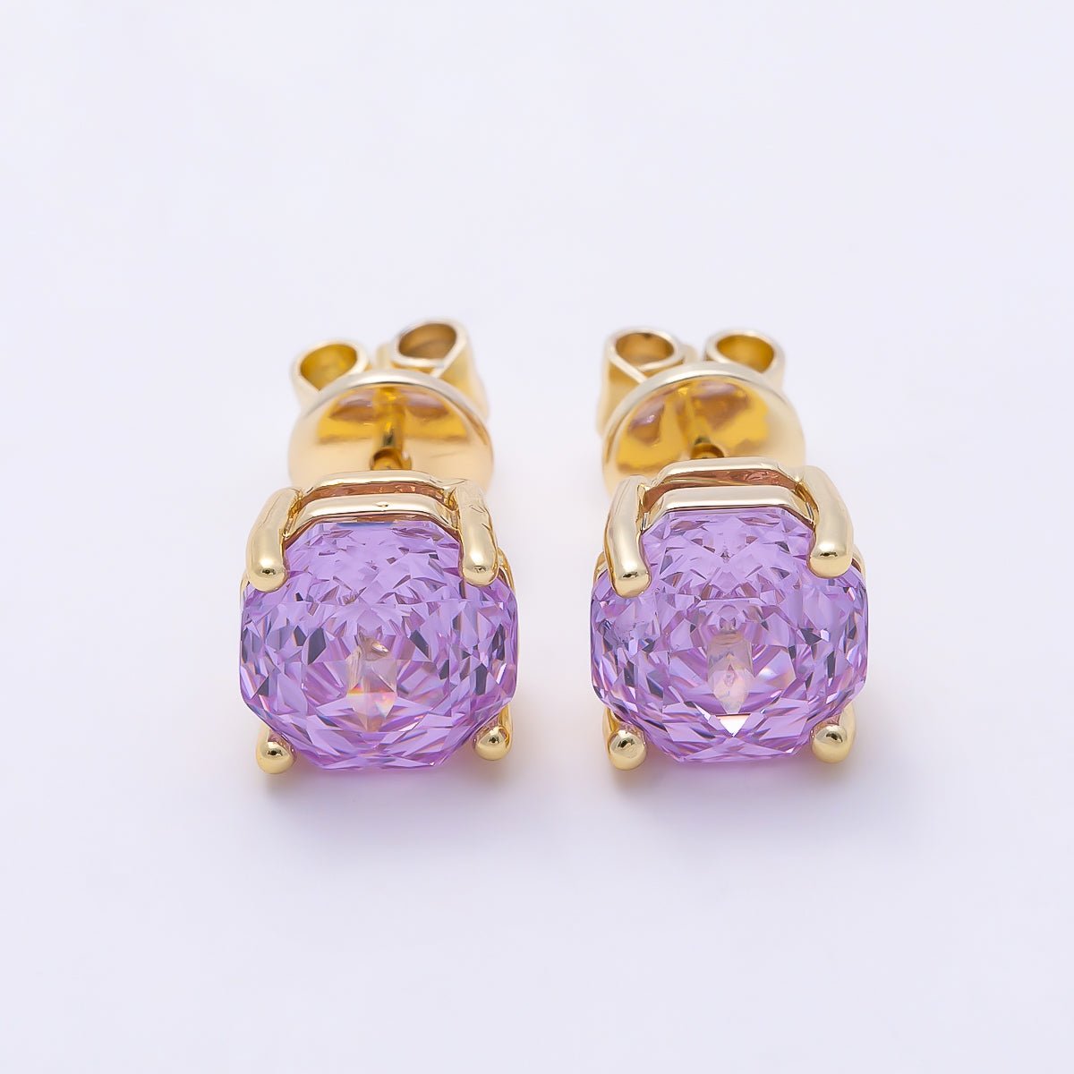 16K Gold Filled 8mm Clear, Purple, Pink CZ Prong Hexagon Round Stud Earrings | Earrings-00716 ~ Earrings-00719 - DLUXCA