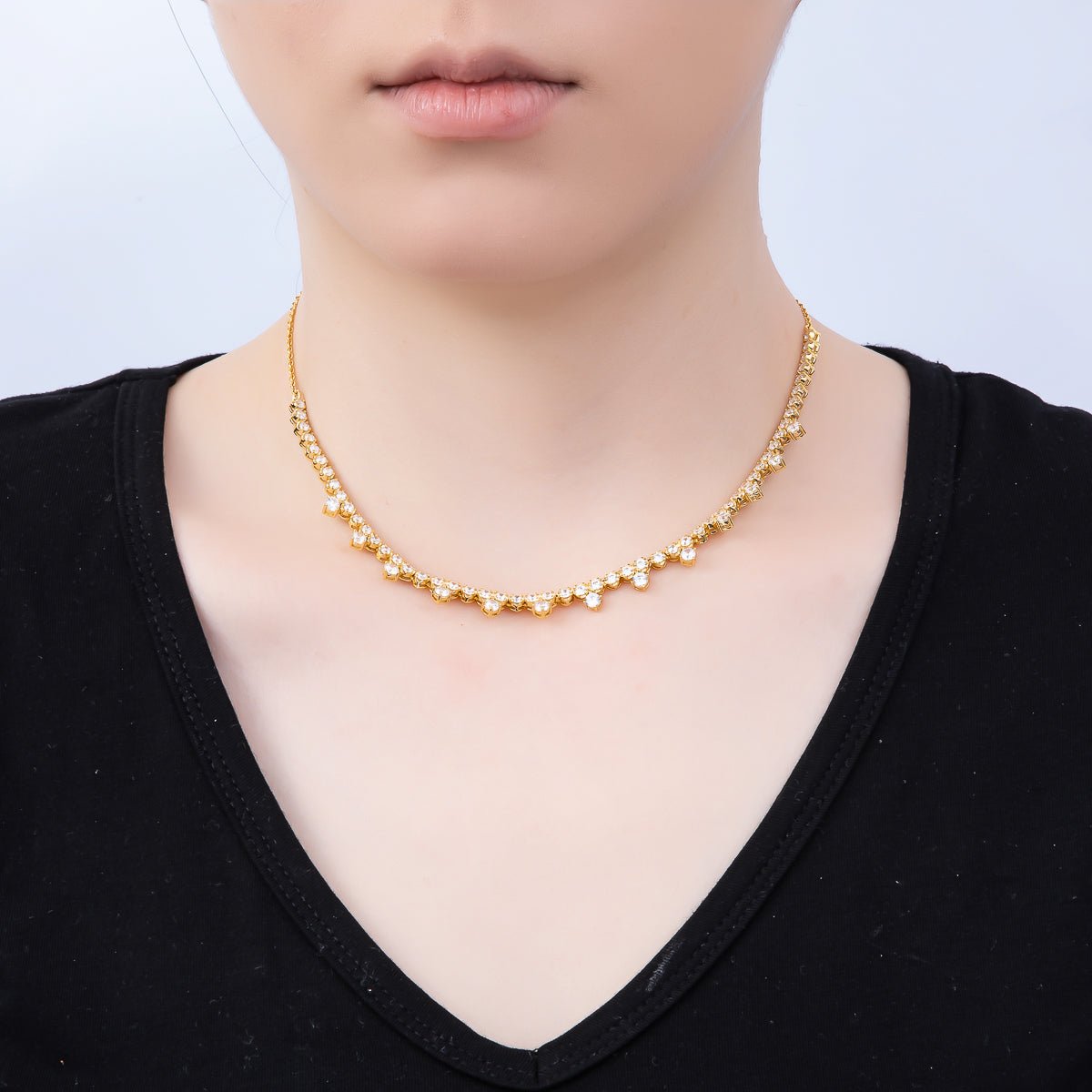 16K Gold Filled 8mm Clear Round CZ Tennis Teeth Cable Chain Choker 16 Inch Necklace w. Extender | WA - 04486 - DLUXCA