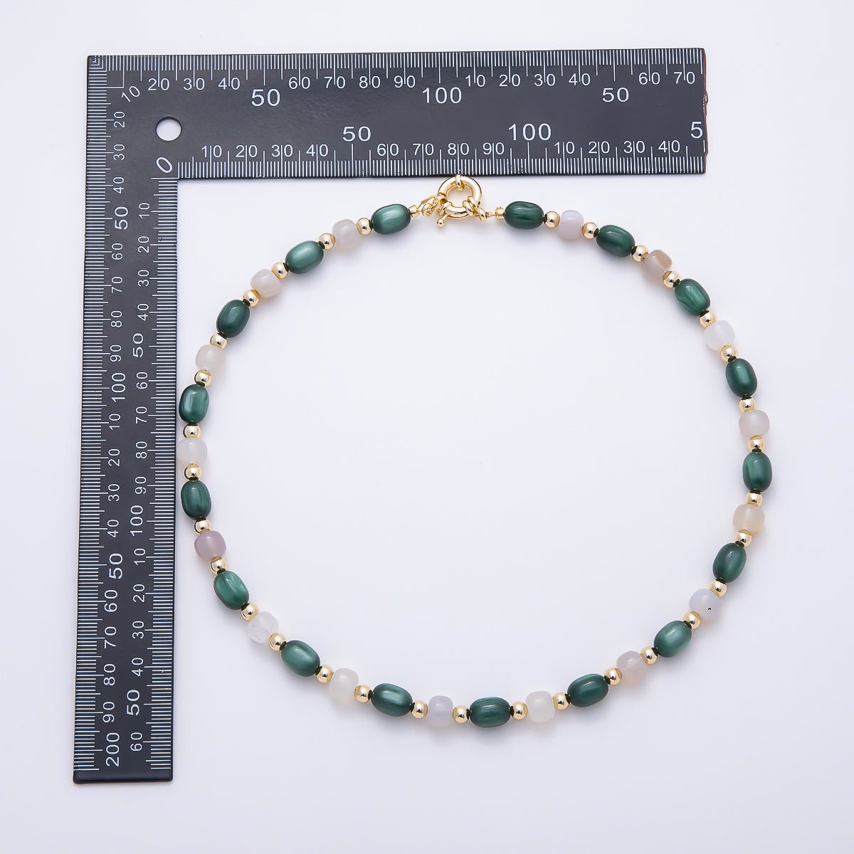 16K Gold Filled 8mm Dark Green Oval Pearl & Milky Quartz Beaded Gemstone 17 Inch Choker Necklace | WA-00312 - DLUXCA