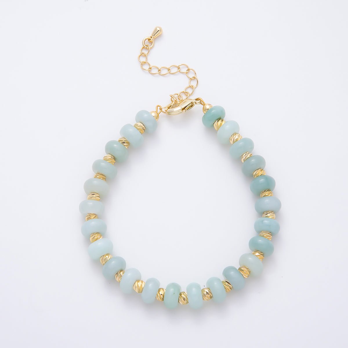 16K Gold Filled 8mm Light Green Aventurine Twisted Bead Rondelle Gemstone Chain 7 Inch Bracelet | WA-00056 - DLUXCA