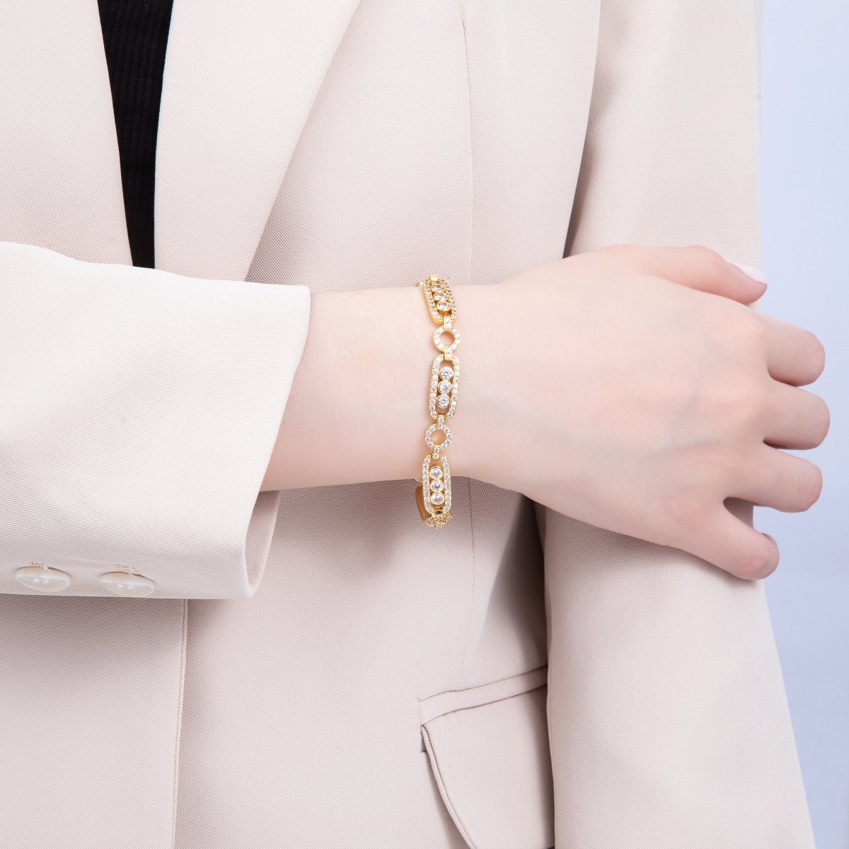 16K Gold Filled 8mm Micro Paved CZ Round Paperclip Chain 7 Inch Bracelet | WA - 04045 - DLUXCA