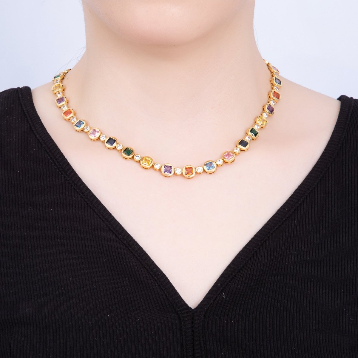 16K Gold Filled 8mm Multicolor CZ Round Square Tennis Chain 17 Inch Necklace | WA - 04287 - DLUXCA