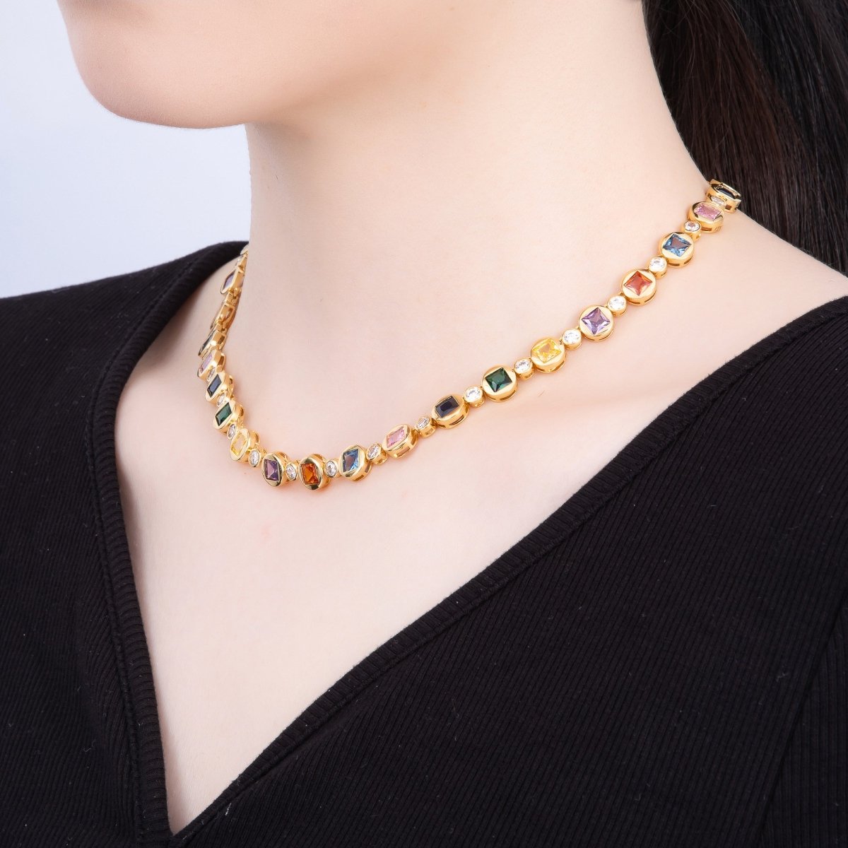 16K Gold Filled 8mm Multicolor CZ Round Square Tennis Chain 17 Inch Necklace | WA - 04287 - DLUXCA