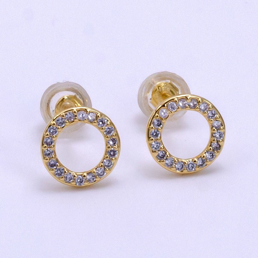 16K Gold Filled 8mm Open Round Circle Micro Paved CZ Stud Earrings - DLUXCA