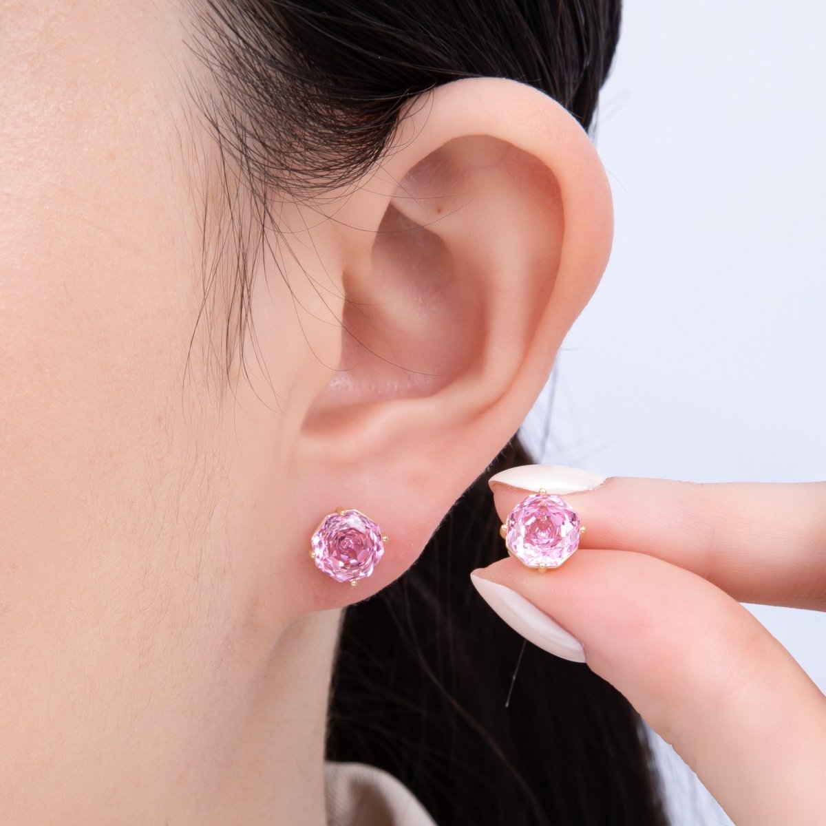 16K Gold Filled 8mm Pink, Blue Solitaire CZ Round Stud | Earrings - 00239 Earrings - 00240 - DLUXCA
